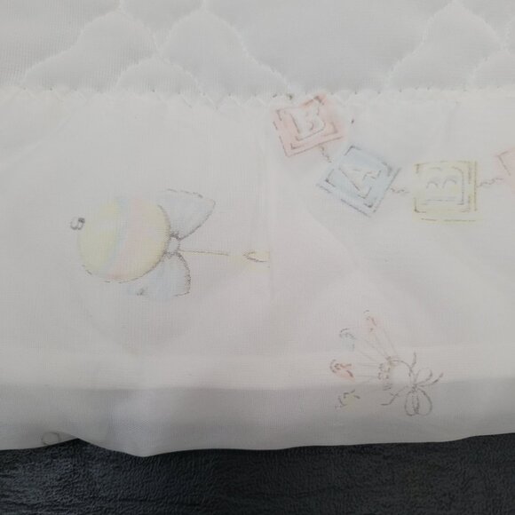 Dacron Quilted Baby Blanket Satin Trim Bunny Pastel Blocks Teddy Bear Rattle Vtg - Picture 9 of 16